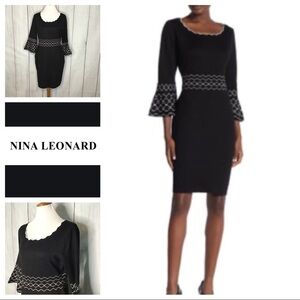 NINA LEONARD Black Scallop Neck Bell Sleeve‎ Knit Sheath Dress Size M